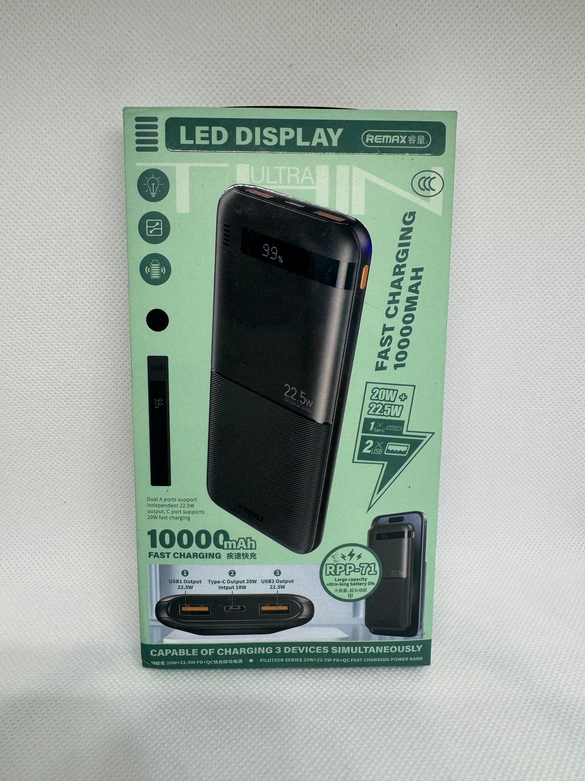 POWER BANK REMAX 10.000 mAh – ¡3 SALIDAS, DOBLE POTENCIA, CARGA TURBO!