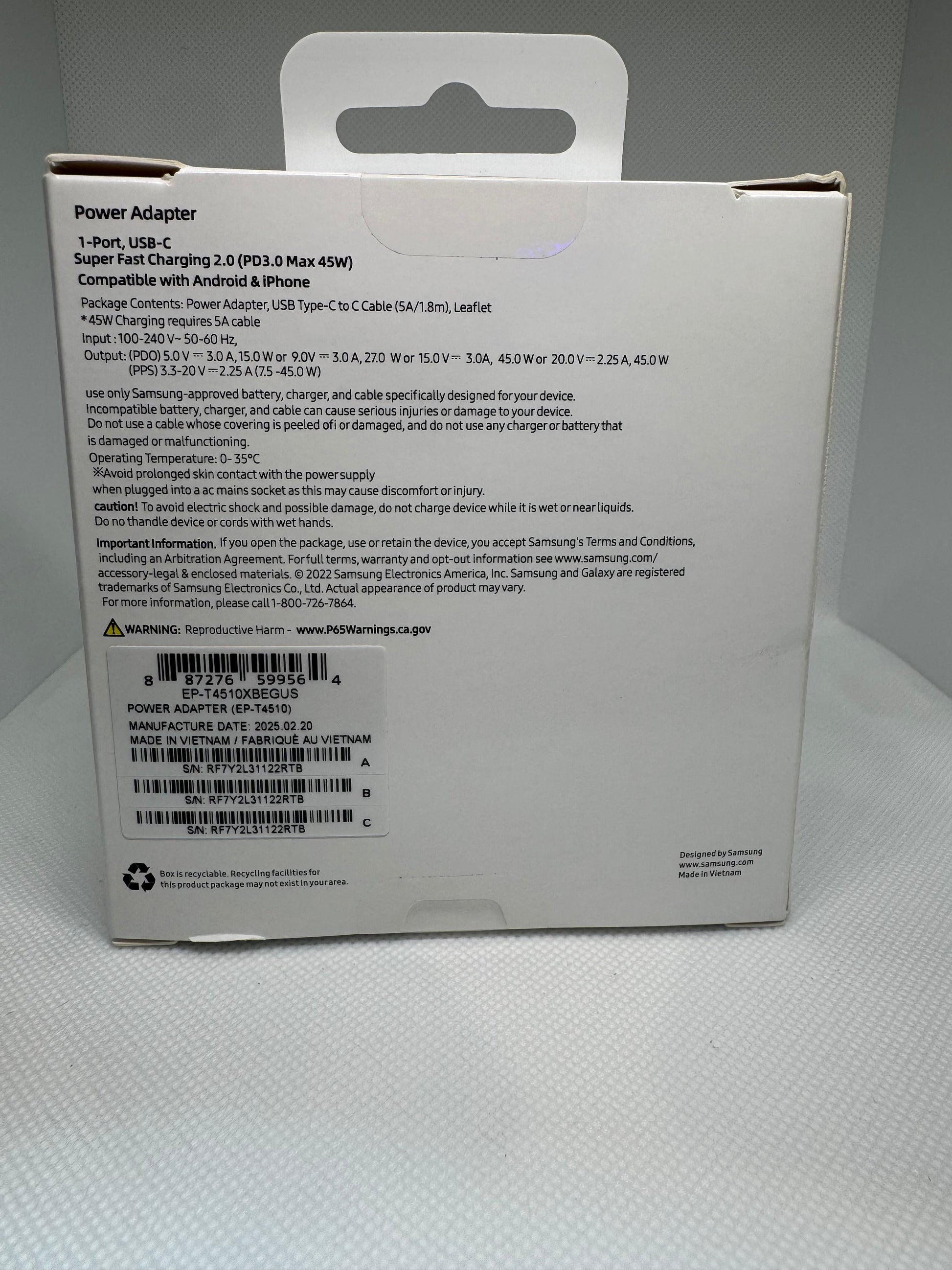 Cargador Samsung Original súper rápido de 45W Cable USB-C de 1.8M